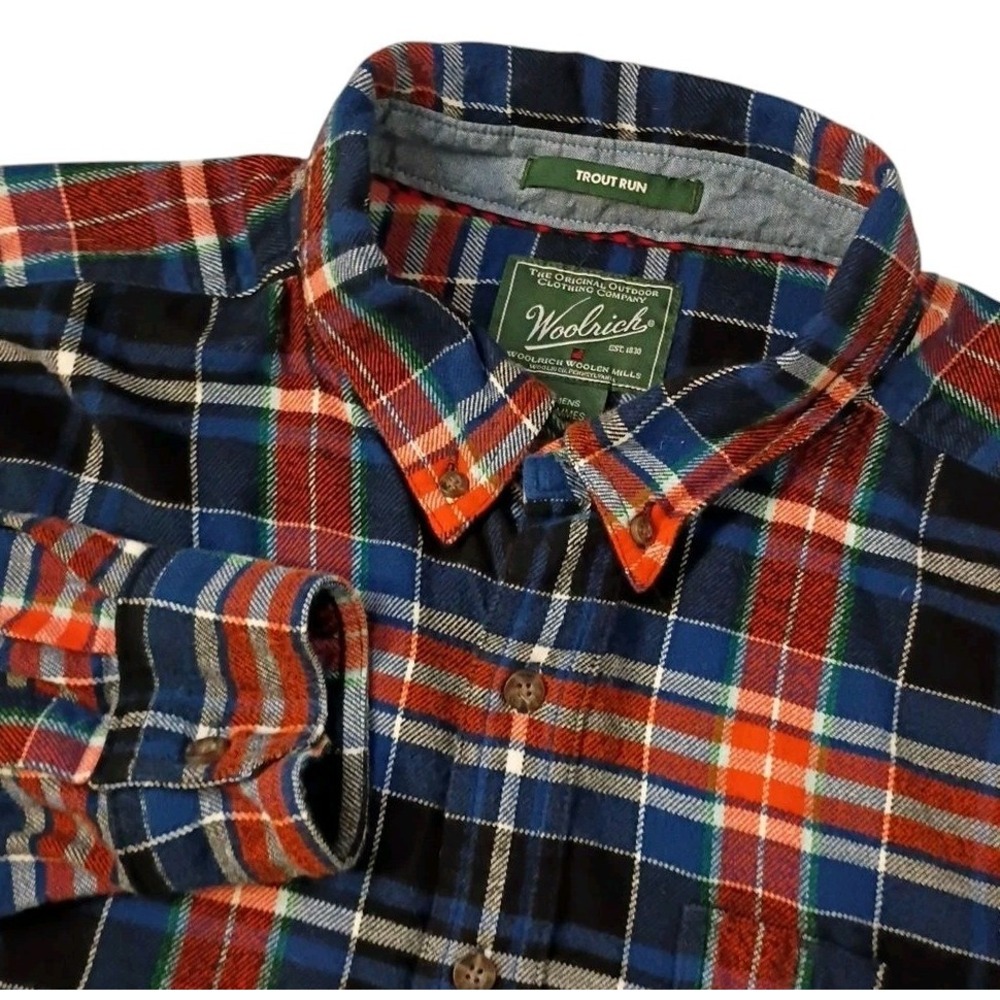 Woolrich Trout Run Flannel‎ Shirt Mens XL Blue Plaid Heritage Workwear Cotton